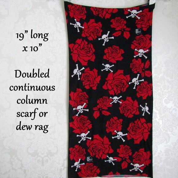 MOTORCYCLE NECK SCARF & DEW RAG, LONG STRETCHY ROSES & SKULLS RED, BLACK & WHITE - Picture 2 of 4